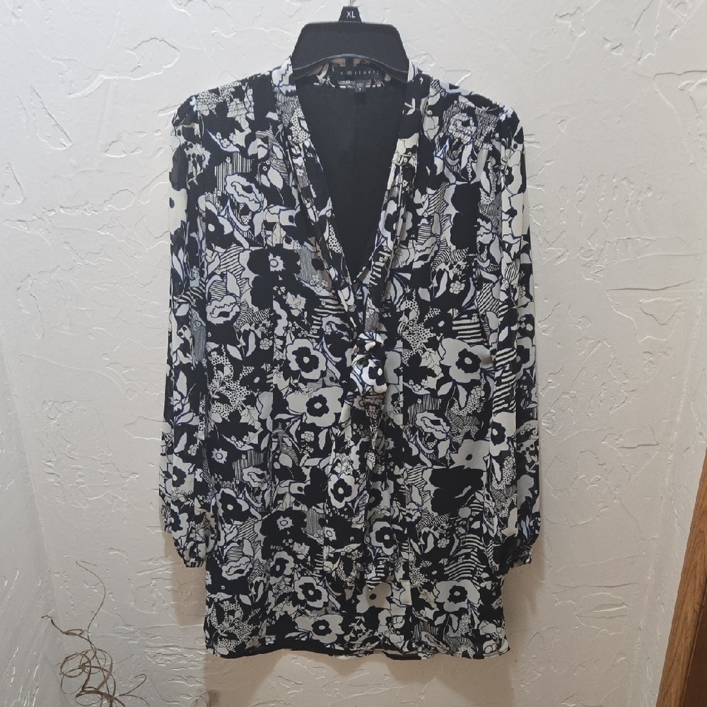 Sanctuary Black and White Tie Neck Long Sleeve Dress